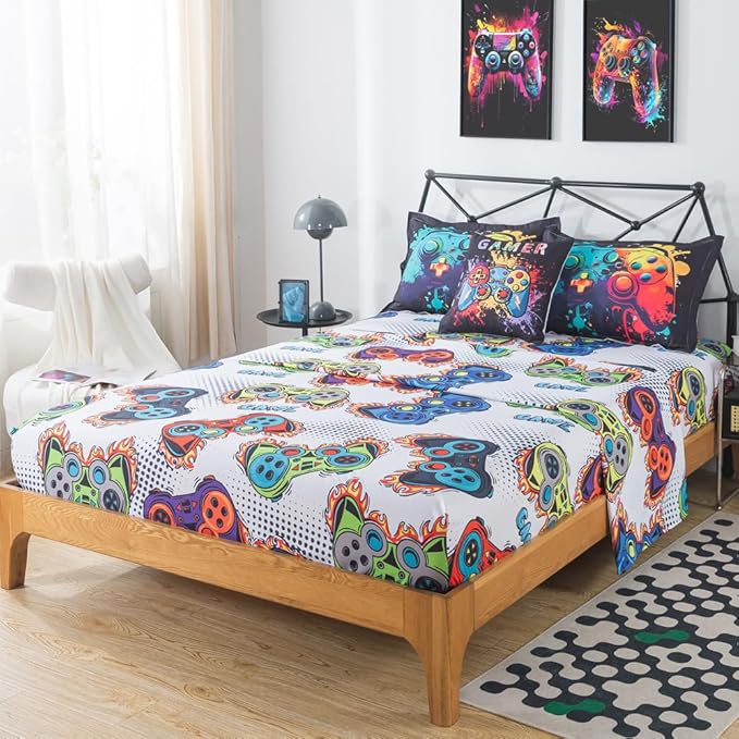 ADASMILE A & S Gamer Comforter Sets for Boys Teens 6 Pieces Gaming Bedding Set Full Size Colorful Video Game Gaming Comforter for Kids Gamer Bed in A Bag Comforter with Gamer Sheets Home Decor - LeafyLoom