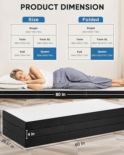 OLIXIS Tri-fold Memory Foam Mattress - 4 Inch Queen Size Portable Floor Bed, Foldable Mat for Kids and Adults, Collapsible and Washable Cover with CertiPUR-US Certified, for Travel & Camping & Yoga - LeafyLoom