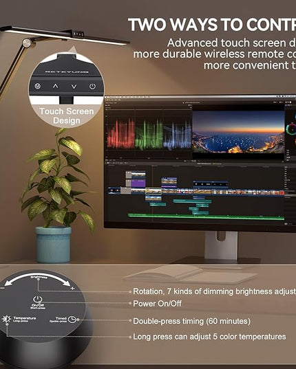LED Desk Lamp with Clamp for Home Office, 24W Ultra Bright 7 Stepless Dimming/5 Color Modes/Timer, Architect Modern Table Lamp with Touch and Remote Control USB Charging Port for Study Reading - LeafyLoom