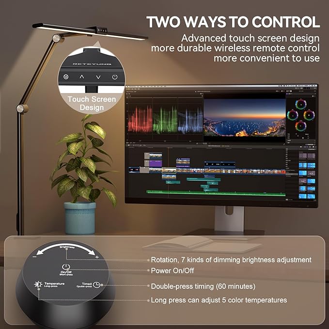 LED Desk Lamp with Clamp for Home Office, 24W Ultra Bright 7 Stepless Dimming/5 Color Modes/Timer, Architect Modern Table Lamp with Touch and Remote Control USB Charging Port for Study Reading - LeafyLoom