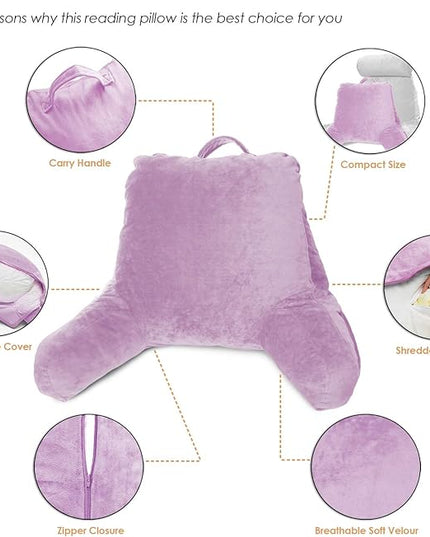 Clara Clark Reading Pillow, Standard Back Pillow for Sitting Up in Bed, Memory Foam Back Support Pillow, Reading Pillows for Sitting in Bed Lavender Sit Up Pillow for Bed Chair Arm Pillow with Pockets - LeafyLoom