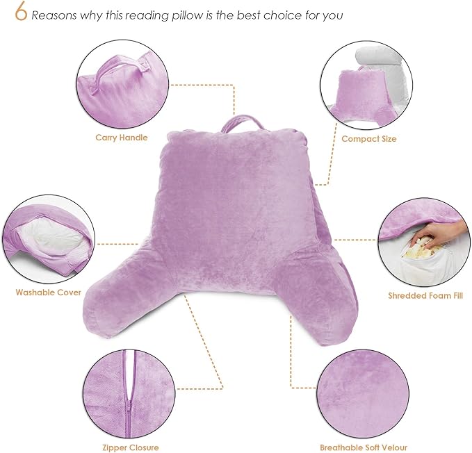 Clara Clark Reading Pillow for Kids, Small Back Pillow for Sitting Up in Bed, Memory Foam Back Support Pillow, Reading Pillows for Sitting in Bed, Lavender Gaming Pillow for Bed with Arms and Pockets - LeafyLoom