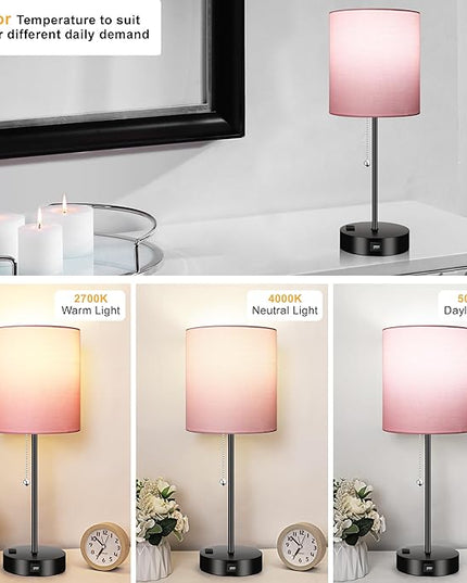 WIHTU 3 Color Temperature Bedside Table Lamps Set of 2, Modern Small Lamp with USB and Outlet, Bedroom Lamp for Nightstand with Chain Switch, Pink Desk Lamp for Living Room, Two Bulbs Included - LeafyLoom