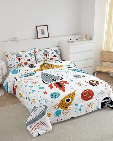 Erosebridal Outer Space Bedding Set Full Size Kids Boys Space Ship Rocket Comforter Set Cartoon Universe Stars Planet Down Comforter Cosmos Meteorite Quilt Duvet Set with 2 Pillow Cases - LeafyLoom