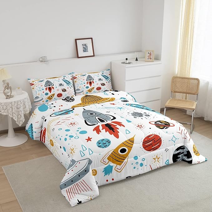 Erosebridal Outer Space Bedding Set Full Size Kids Boys Space Ship Rocket Comforter Set Cartoon Universe Stars Planet Down Comforter Cosmos Meteorite Quilt Duvet Set with 2 Pillow Cases - LeafyLoom
