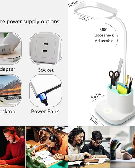 Desk Lamp College Dorm Room Essentials for Girls Guys, 3 Color Reading Lamp with USB Charging Port, Pen Holder, LED Desk Light for Home Office, Rechargeable Battery Cordless, Flexible Gooseneck, White - LeafyLoom