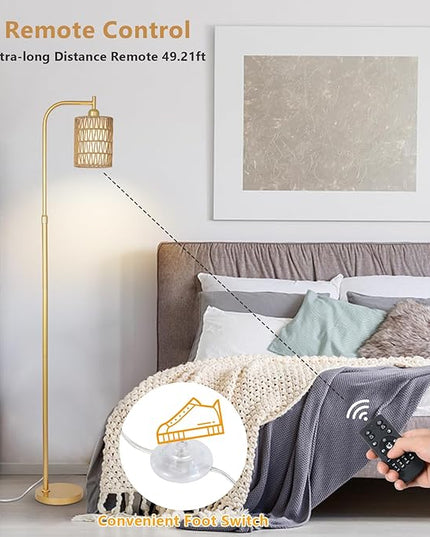 Modern Gold Floor Lamps for Living Room, Boho Rattan Floor Lamp with Remote & Dimmable LED Bulb, Farmhouse Standing Lamp with Rattan Shades, Minimalist Tall Pole Lamp for Bedroom Office - LeafyLoom