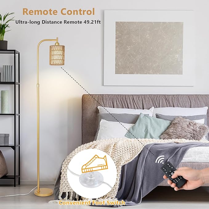 Modern Gold Floor Lamps for Living Room, Boho Rattan Floor Lamp with Remote & Dimmable LED Bulb, Farmhouse Standing Lamp with Rattan Shades, Minimalist Tall Pole Lamp for Bedroom Office - LeafyLoom