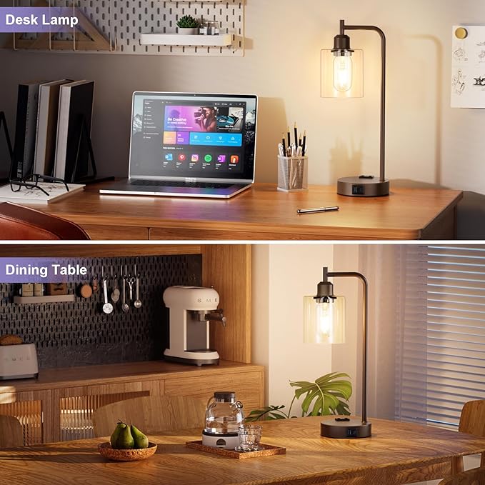 Innqoo Industrial Touch Table Lamps for Bedrooms Set of 2-3-Way Dimmable Lamps with USB C+A Ports and Outlet, Brown Bedside Lamps with Clear Glass Shade for Living Room, Desk Lamps for Home Office - LeafyLoom