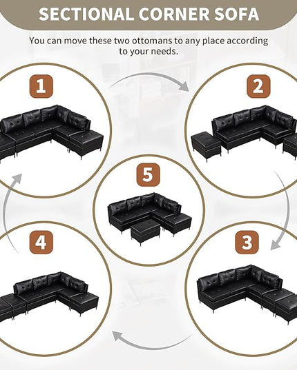 94.88" PU Leather L Shaped Sofa with Reversible Chaise Lounge, Storage Ottoman, Button Tufted Backrest&Cushion, 6-Seater Upholstered Corner Sectional Couches for Living Room Office Apartment - LeafyLoom