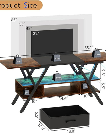 Yusong 65 inch LED TV Stand, Entertainment Center Gaming TV Table with Outlets, Up to 65" Media Console for Living Room, 29+DIY Dynamic RGB Modes, Rustic Brown and Black - LeafyLoom