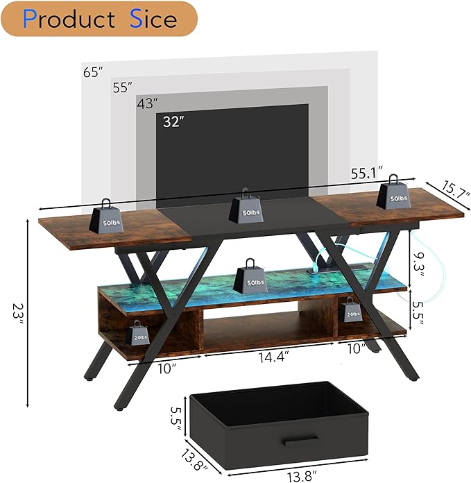 Yusong 65 inch LED TV Stand, Entertainment Center Gaming TV Table with Outlets, Up to 65" Media Console for Living Room, 29+DIY Dynamic RGB Modes, Rustic Brown and Black - LeafyLoom