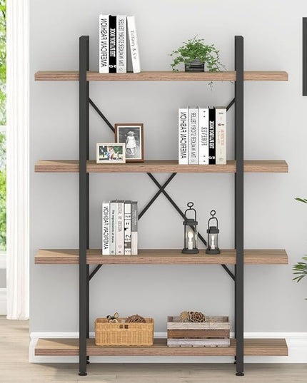 HSH Industrial 4 Tier BookShelf, Modern Metal and Wood 4 Shelf Bookcase Etagere, Farmhouse Open Wide Display Storage Bookshelves and Bookcases Heavy Duty for Bedroom Living Room Office, Rustic Oak - LeafyLoom