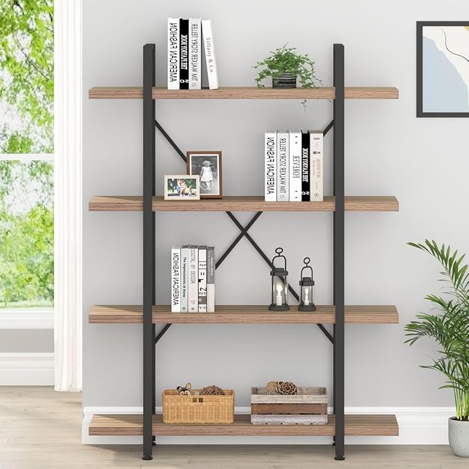 HSH Industrial 4 Tier BookShelf, Modern Metal and Wood 4 Shelf Bookcase Etagere, Farmhouse Open Wide Display Storage Bookshelves and Bookcases Heavy Duty for Bedroom Living Room Office, Rustic Oak - LeafyLoom