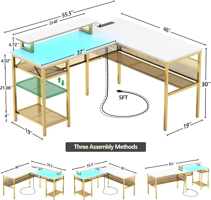 Unikito Reversible L Shaped Desk with Power Outlets and Smart LED Light, 55 Inch Computer Office Desk, Unique Grid Design, Corner Writing Gaming Table with Monitor Stand and Storage Shelf, White - LeafyLoom