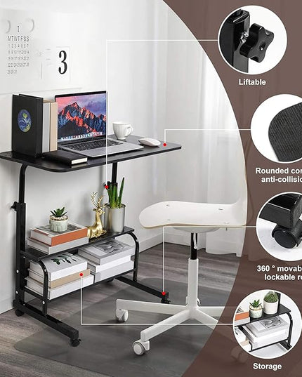 Adjustable Home Office Desk Portable Study Computer Rolling Desk for Small Spaces Movable Sofa Side Table on Wheels Student Small Laptop Desk with Storage Black Size 31x16 Inch - LeafyLoom