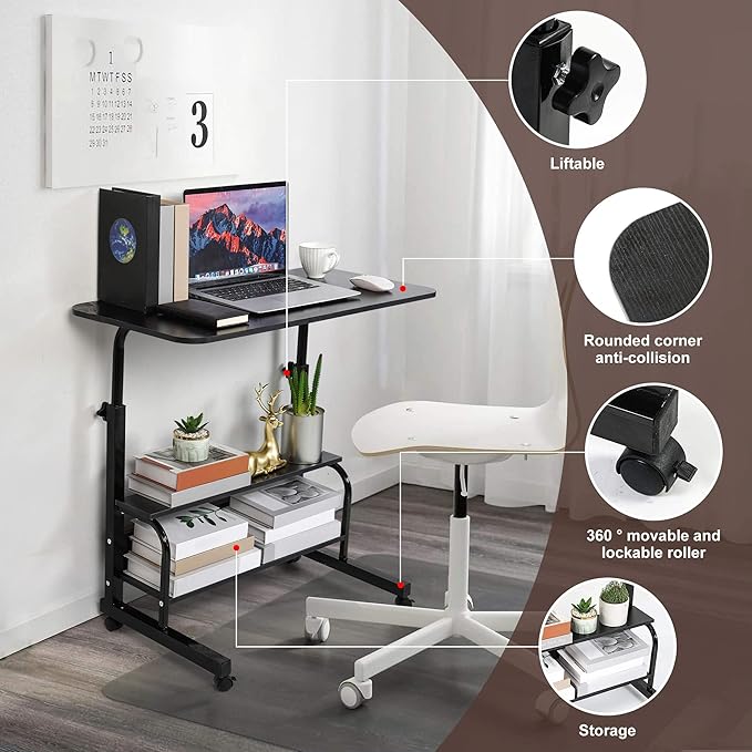 Adjustable Home Office Desk Portable Study Computer Rolling Desk for Small Spaces Movable Sofa Side Table on Wheels Student Small Laptop Desk with Storage Black Size 31x16 Inch - LeafyLoom