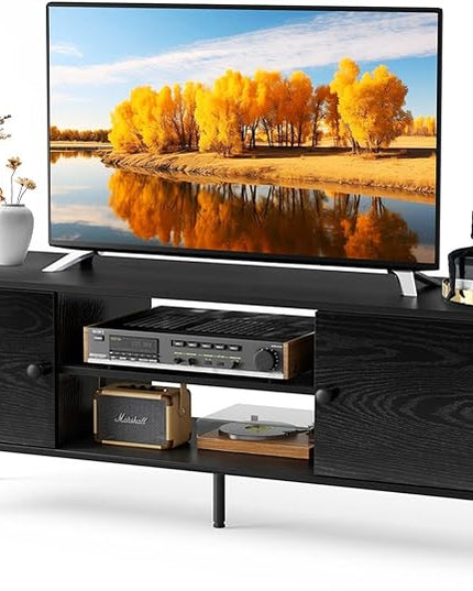 Sweetcrispy TV Stand for 55 60 inch Television, Entertainment Center with Storage, 2 Cabinet Media Console Table, Soft Hinge Door with Handle, Wood Feet, Living Room, Bedroom Furniture, Charcoal Black - LeafyLoom