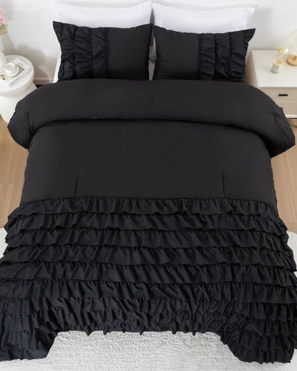 A Nice Night Waterfall Flutter Ruffle 3PCS Comforter Set,Chic Ruffled Textured Princess Bedding Set,Black,Twin - LeafyLoom