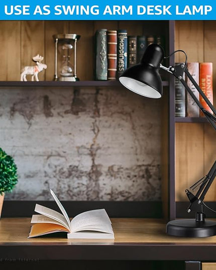 TORCHSTAR Metal Desk Lamp with Clamp, Swing Arm , Architect Adjustable Gooseneck Table Lamp, Clip Desk Lights for Home Office, Work, Study, Reading, E26 Base, Multi-Joint, Black - LeafyLoom