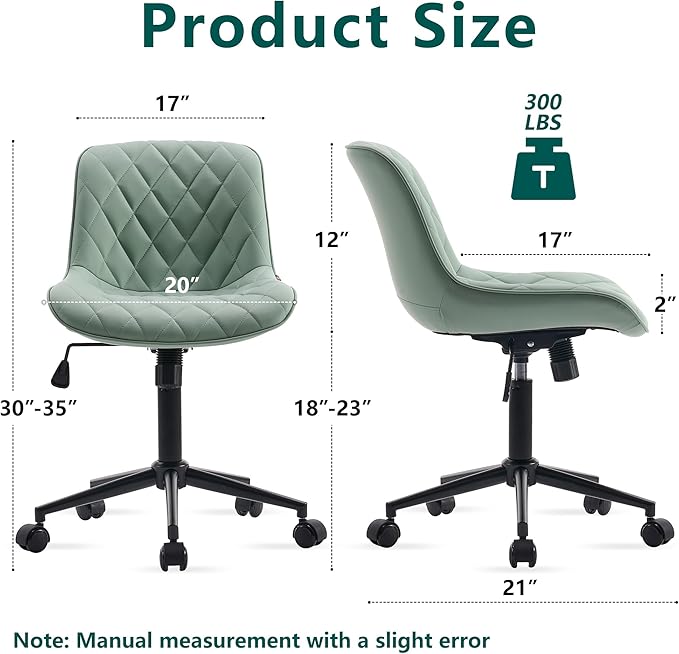 YOUNUOKE Office Chair Armless Leather Desk Chair with Wheels Thick Upholstery Computer Chair Small Cute Home Office Chair Swivel Rolling Task Chairs, Mint Green - LeafyLoom