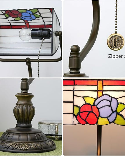 Bankers Lamp,Stained Glass Lamp,Dimmable Vintage Desk Lamp for Home Office Workplace Nightstand Bedroom Library Piano LED Bulb Included (roses) - LeafyLoom