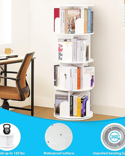 2024 New 4 Tier Rotating Bookshelf kids, Small Corner Bookshelf for Small Space, 360 Display Floor Standing Bookcase Storage Rack, Wood Narrow Book Shelf Organizer for Home Office,Bedroom, Living Room - LeafyLoom