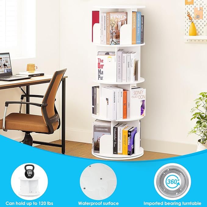2024 New 4 Tier Rotating Bookshelf kids, Small Corner Bookshelf for Small Space, 360 Display Floor Standing Bookcase Storage Rack, Wood Narrow Book Shelf Organizer for Home Office,Bedroom, Living Room - LeafyLoom