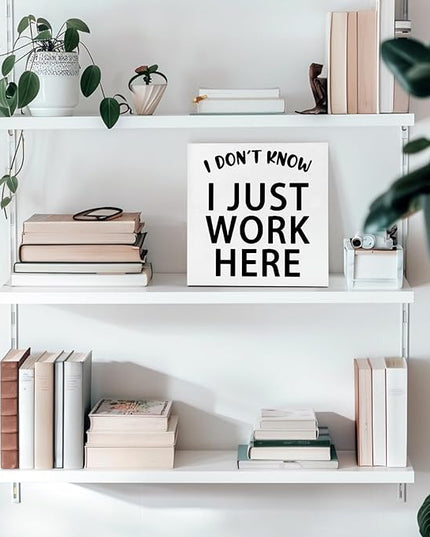 Funny Quotes Wood Box Sign I Don’t Know I Just Work Here Office Signs for Desk Funny Office Desk Accessories Funny Signs for Office Decorative Signs for Home Decor Work Office Decor (5x5inch) - LeafyLoom