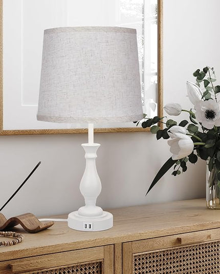 Farmhouse Table Lamp Touch Control 3-Way Dimmable Table Lamp, Modern Nightstand Lamp with 2 USB Port Bedside Desk Lamp with Fabric Shade for Living Room Bedroom Hotel (Pack-01 White) - LeafyLoom