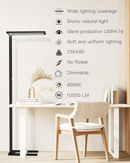 STERREN Eye-Care Led Floor Lamp,76'' Tall Office Floor Lamp, 80W Black Modern Free-Standing Lamp,10000LM Bright Reading Lamp for Study Room,Living Room,Meeting Room,4000K - LeafyLoom
