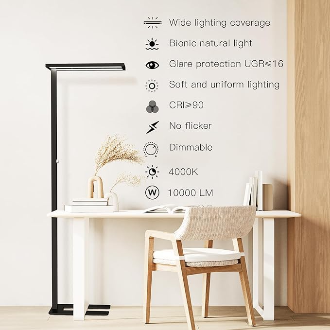STERREN Eye-Care Led Floor Lamp,76'' Tall Office Floor Lamp, 80W Black Modern Free-Standing Lamp,10000LM Bright Reading Lamp for Study Room,Living Room,Meeting Room,4000K - LeafyLoom