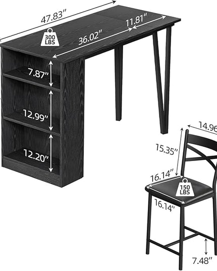 IDEALHOUSE Dining Table Set for 2, Expandable Kitchen Bar Table and Chairs for 2, 3 Piece Counter Height Top Dining Table Set with Upholstered Chairs Storage for Small Space, Black (Black) - LeafyLoom