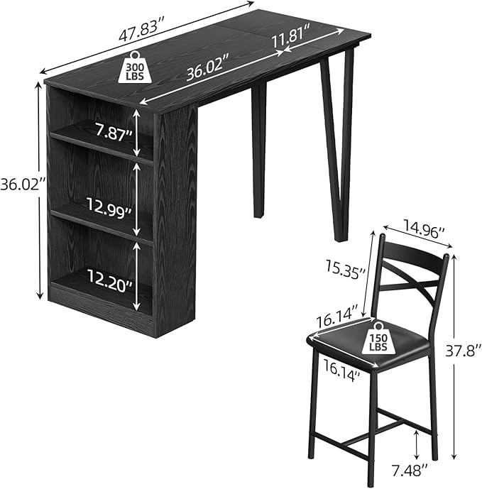IDEALHOUSE Dining Table Set for 2, Expandable Kitchen Bar Table and Chairs for 2, 3 Piece Counter Height Top Dining Table Set with Upholstered Chairs Storage for Small Space, Black (Black) - LeafyLoom