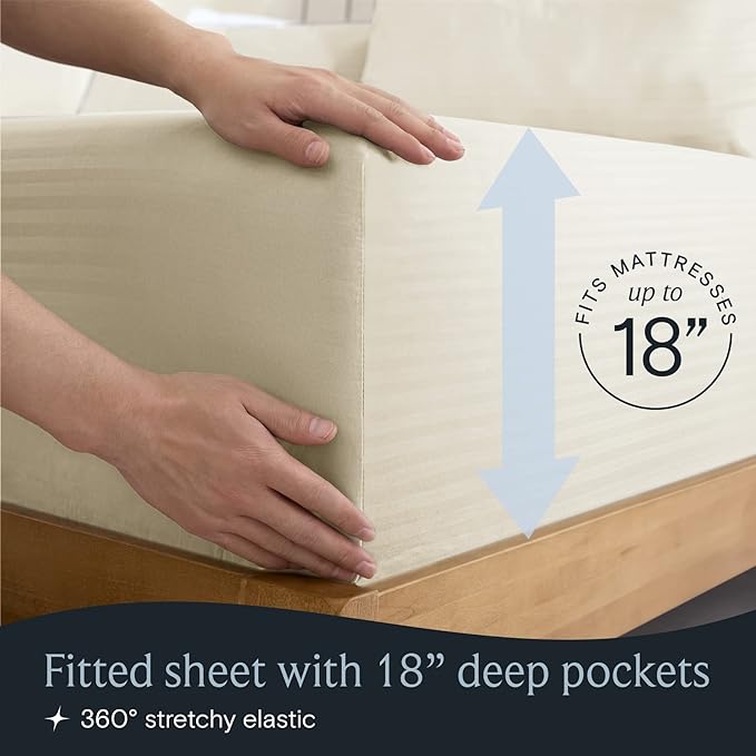 LuxClub Striped Sheets, 4 PC Striped Bed Sheets Twin Size, Deep Pockets 18" Eco Friendly Wrinkle Free-Kids-Fitted Sheets Machine Washable Hotel Bedding (Twin, Cream) - LeafyLoom