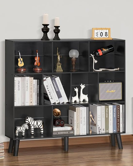 YAHARBO 10 Cube Bookshelf,3 Tier Bookcase with Legs,Black Mid-Century Modern Bookshelves,Large Free Standing Open Storage Organizer Shelf,Tall Wooden Book Case Furniture for Bedroom,Living Room,Office - LeafyLoom