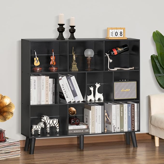 YAHARBO 10 Cube Bookshelf,3 Tier Bookcase with Legs,Black Mid-Century Modern Bookshelves,Large Free Standing Open Storage Organizer Shelf,Tall Wooden Book Case Furniture for Bedroom,Living Room,Office - LeafyLoom