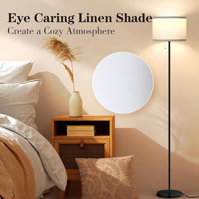 Floor Lamp for Living Room, 3 Color Temperature LED Floor Lamp, Modern Simple Standing Lamp for Bedroom, Pull Chain Tall Lamp with White Lampshade, Minimalist Pole Lamp Stand Up Lamp for Home Office - LeafyLoom