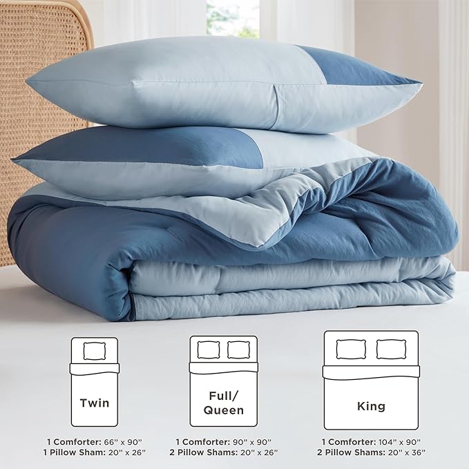 Blue Full/Queen Comforter Set - Modern Soft Farmhouse Comforter Sets for Men, Masculine Colorblock Pattern Bedding Set for All Season, 3 Pieces includes 1 Comforter, 2 Shams (90"x 90") - LeafyLoom