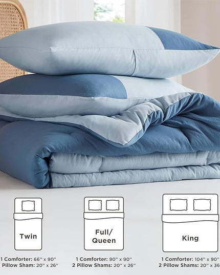 Blue Twin Comforter Set - Modern Soft Farmhouse Bedding for Teen Boys, Kids Colorblock Pattern Bed Sets for All Season, 2 Pieces includes 1 Comforter, 1 Sham (66"x 90") - LeafyLoom
