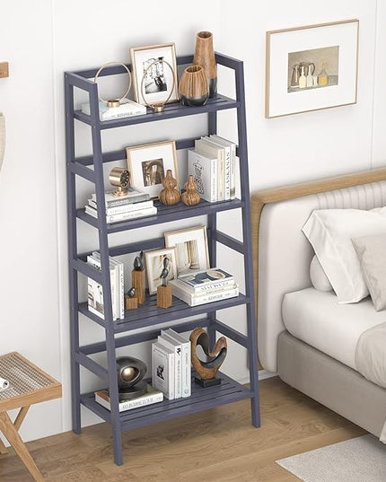 Homykic Bamboo Ladder Shelf 4-Tier Bookshelf, 49.2” Freestanding Open Bookcase Book Shelf Bathroom Storage Shelf Unit Plant Stand for Living Room, Bedroom, Small Space, Home Office, Blue Grey - LeafyLoom