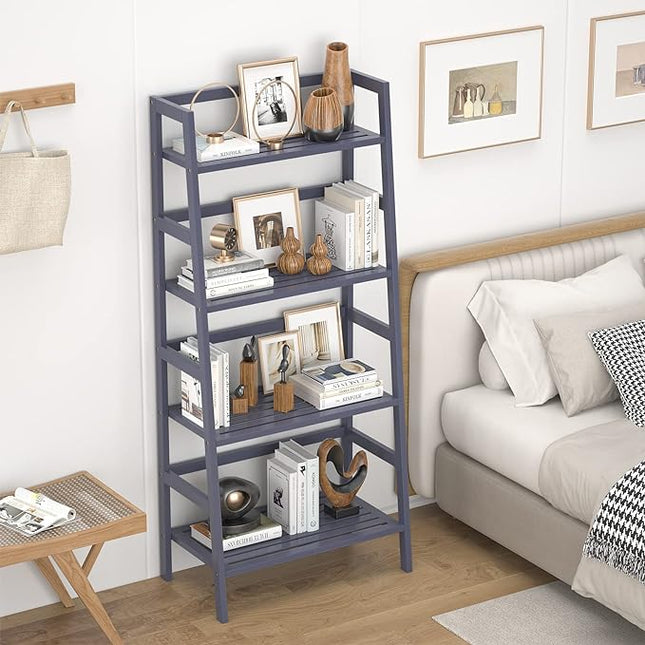 Homykic Bamboo Ladder Shelf 4-Tier Bookshelf, 49.2” Freestanding Open Bookcase Book Shelf Bathroom Storage Shelf Unit Plant Stand for Living Room, Bedroom, Small Space, Home Office, Blue Grey - LeafyLoom