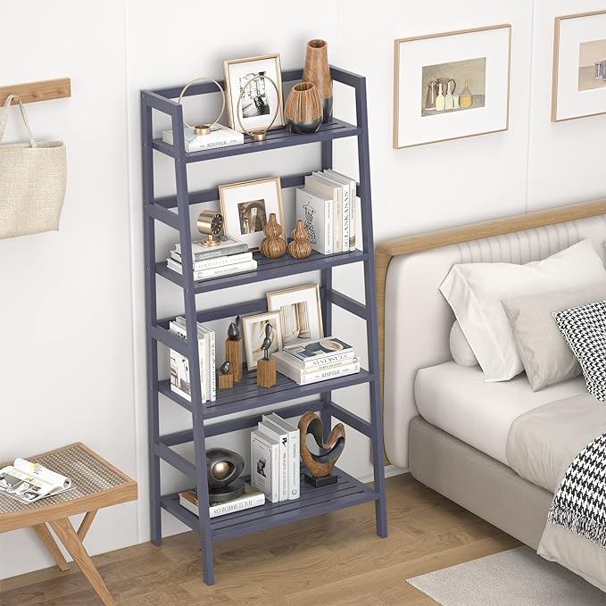 Homykic Bamboo Ladder Shelf 4-Tier Bookshelf, 49.2” Freestanding Open Bookcase Book Shelf Bathroom Storage Shelf Unit Plant Stand for Living Room, Bedroom, Small Space, Home Office, Blue Grey - LeafyLoom
