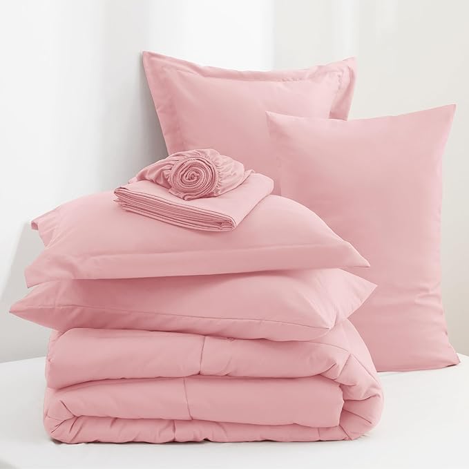 Bedsure Pink Full Size Comforter Set - 7 Pieces Solid Full Bed in a Bag, Full Bed Set Pink with Comforters, Sheets, Pillowcases & Shams - LeafyLoom