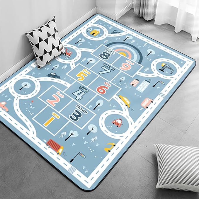 Kids Rug Play Mat, Car Rug, Hopscotch Rug, Hopscotch Mat for Kids, Can Be Used to Play with Cars Kids Carpet Play Mat,(Blue,160×230cm/63×91IN) - LeafyLoom