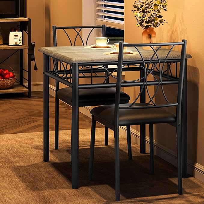 Dining Table Set for 2, 3 Piece Kitchen Table Set with 2 Upholstered Chairs, Square Kitchen Table Set for Small Space, Apartment, Dining Room, Retro Gray - LeafyLoom