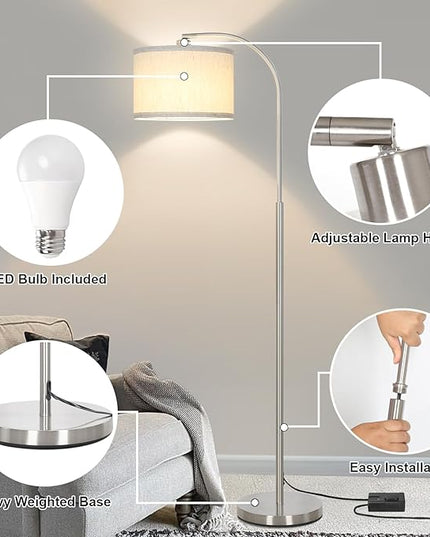 Boncoo Arc Floor Lamp, Dimmable Floor Lamp for Living Room, Silver Modern Standing Lamp with Adjustable Drum Shade, Tall Pole Lamp for Bedroom Study Room Office, 9W 3000K LED Bulb Included - LeafyLoom