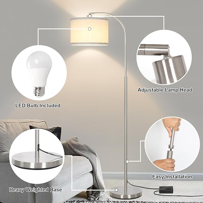 Boncoo Arc Floor Lamp, Dimmable Floor Lamp for Living Room, Silver Modern Standing Lamp with Adjustable Drum Shade, Tall Pole Lamp for Bedroom Study Room Office, 9W 3000K LED Bulb Included - LeafyLoom