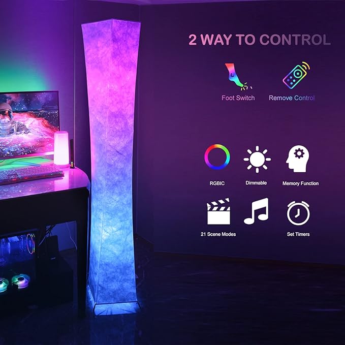 Soft Light Floor Lamp, 52" LEONC Twist RGB Color Changing Tyvek Fabric Shade Dimmable Remote Control and 2 Smart LED Bulbs for Livingroom… - LeafyLoom