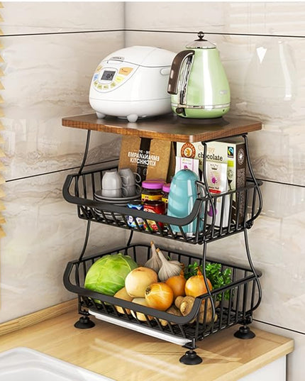 Wisdom Star 5 Tier Fruit Vegetable Basket for Kitchen with Wooden Tabletop, Storage Cart Vegetable Basket Bins for Onions and Potatoes, Wire Storage Basket Organizer Utility Cart with Wheels, Black - LeafyLoom